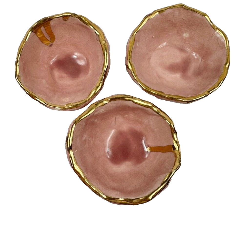 Pinch Bowls Condiment Trinket Dishes Signed "YN" Pottery Mini Set of 3 Pink Gold